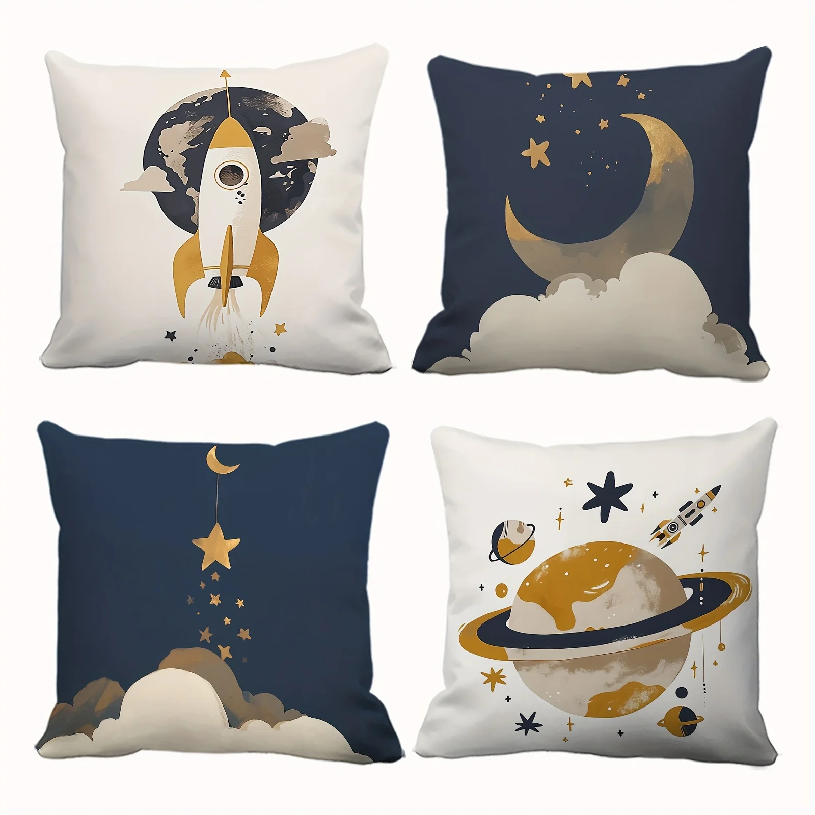 1PC 2D Flat Space Themed Decorative Throw Pillow Covers Rocket Moon Planet Starry Sky Cushion Cases for Kids Bedroom Living Room