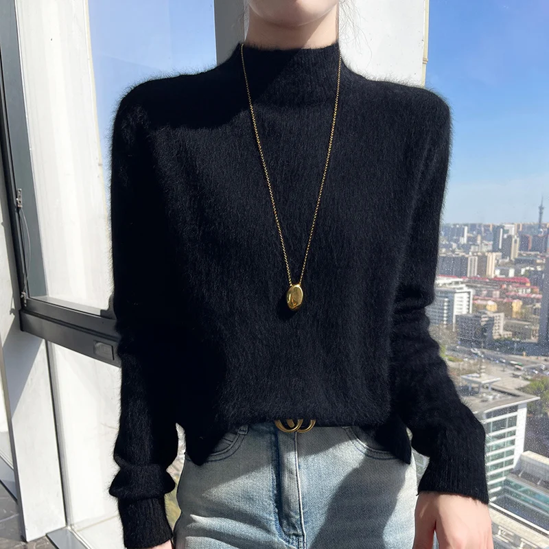 

100% норковый кашемировый свитер, осень-зима, новый женский полуводолазка, свободная трикотажная базовая рубашка, однотонный шерстяной внутренний топ