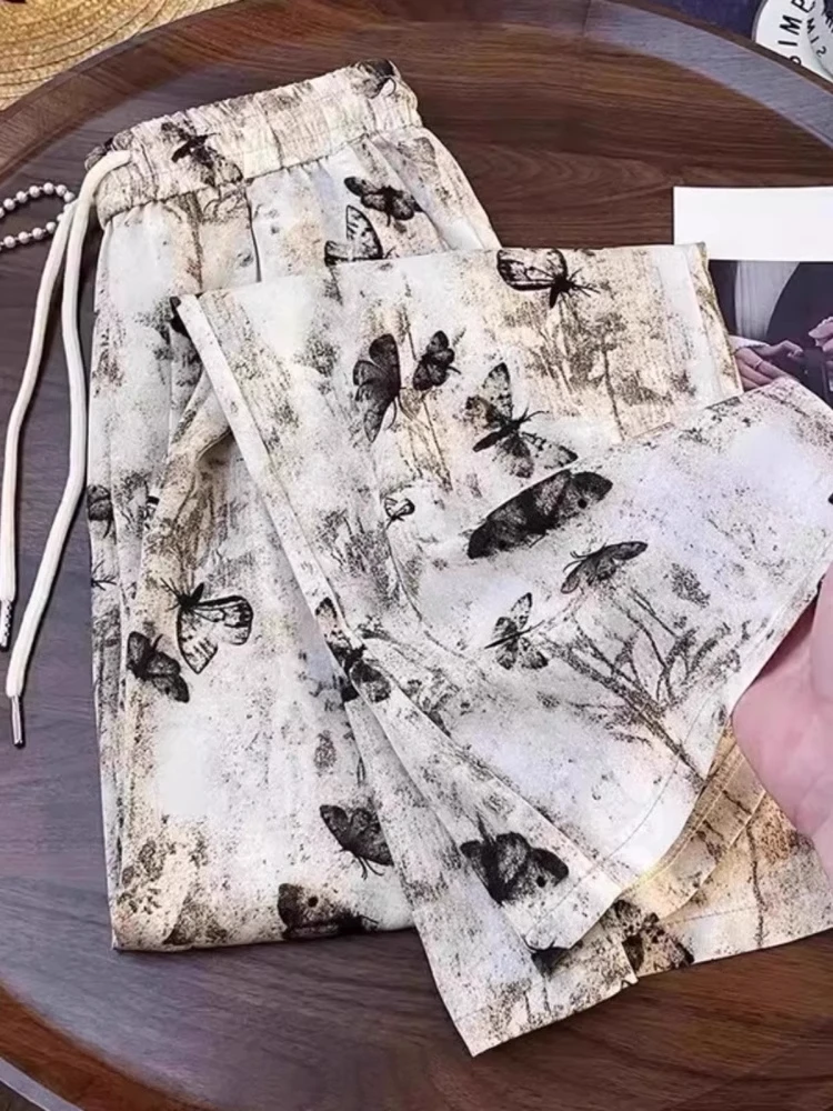 

Retro Ele Ink Print Wide Leg Pants Women's Summer Thin Faionable Straight Casual Pants High Waist Loose Fit