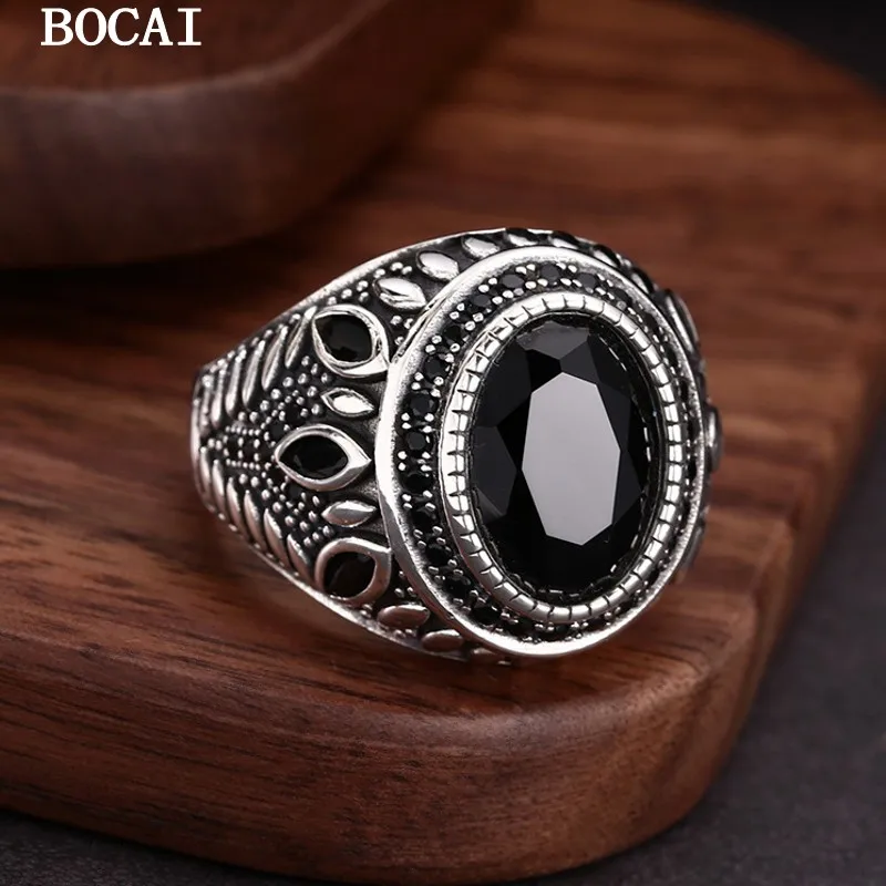 S925 Pure Silver Open Ring Retro Trendy Personality Black Zircon Indian Totem Couple Ring