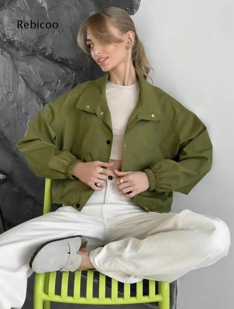 Women Cropped Stand Collar Jacket Long Elastic Cuff Snap Button Front Side Pockets Loose Solid Outerwear For Daily Street Wear