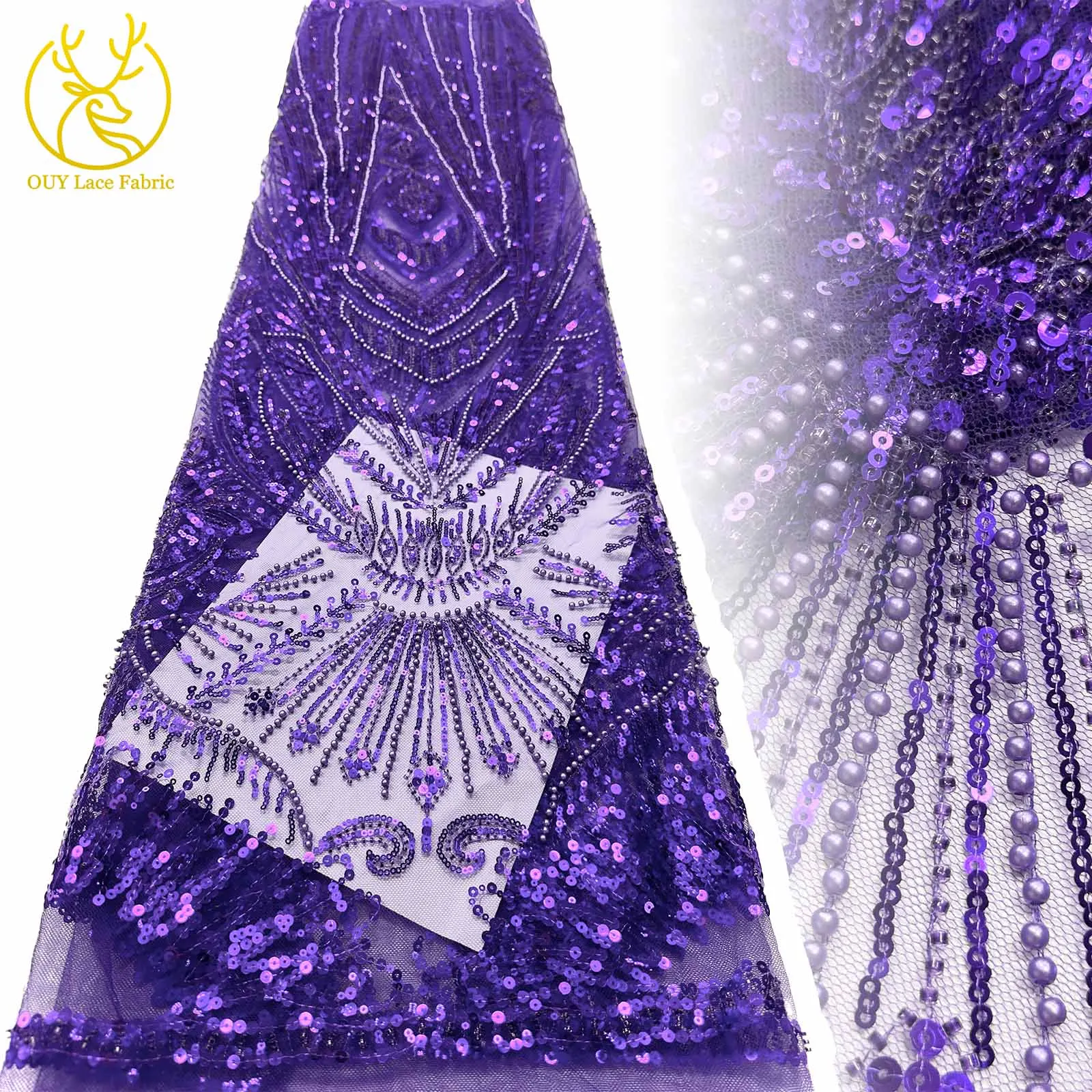 

African Beaded Lace Fabric 2025 High Quality French Nigerian Sequins Embroidery Lace Fabric For Bridal Wedding Dress Sewing