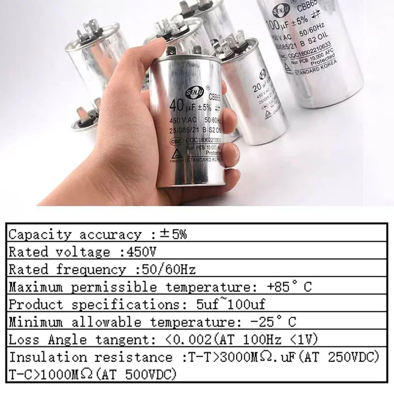 20UF25UF30UF 35UF 40UF 45UF 50UF 55UF 60-100UF CBB65 Air Conditioner Capacitor Compressor Motor Runs Starting Capacitor 450VAC image 5