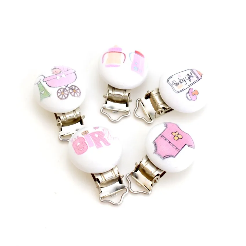 5PCs Girls Pink Color Baby Pacifier Clips Wood Metal Holders Cute Infant Soother Clasps Funny Accessories 4.8x2.9cm