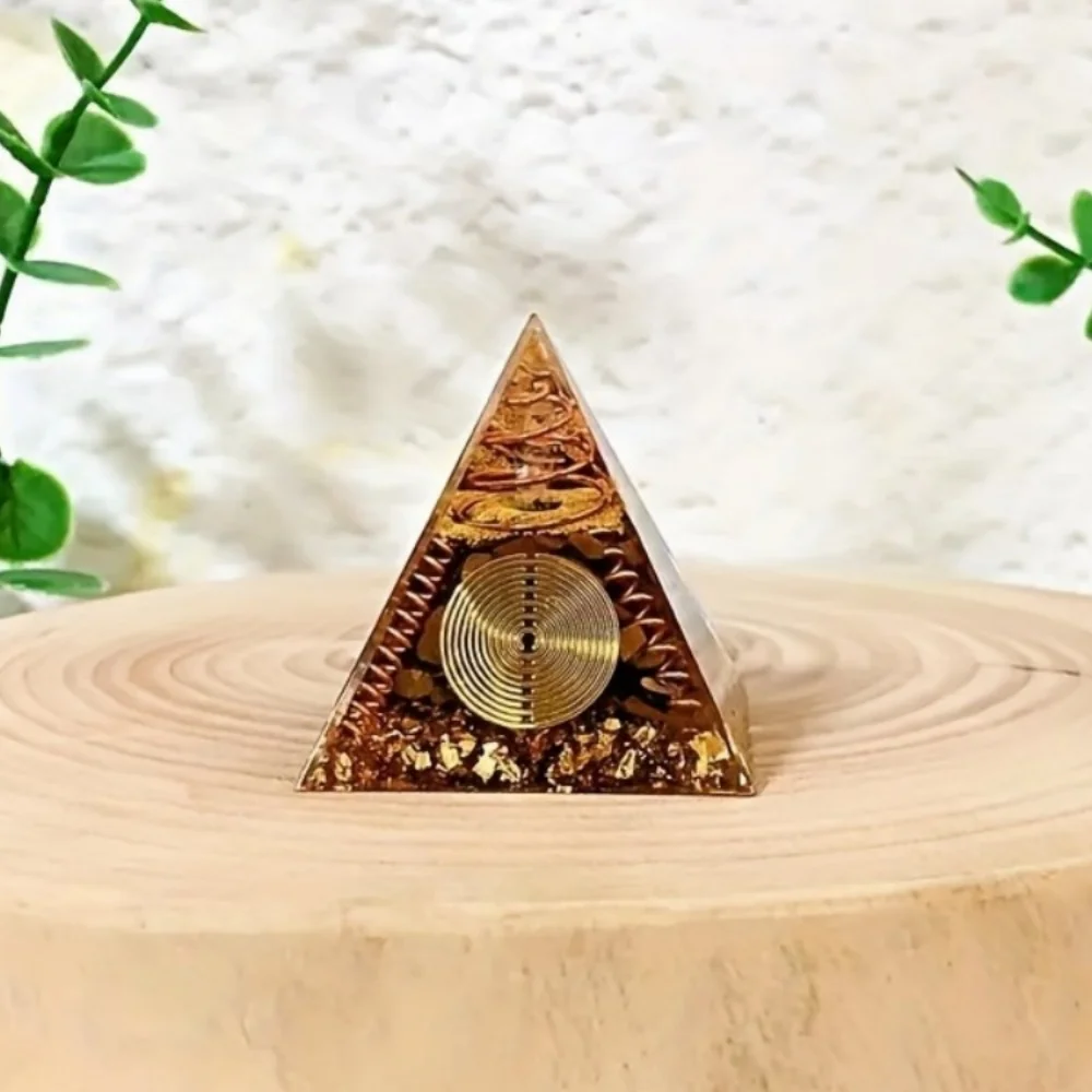 Crystal Epoxy Tiger Eye Stone Pyramid 4cm Handmade Resin Craft Copper Wire Spiral Home Decoration Desktop Ornament