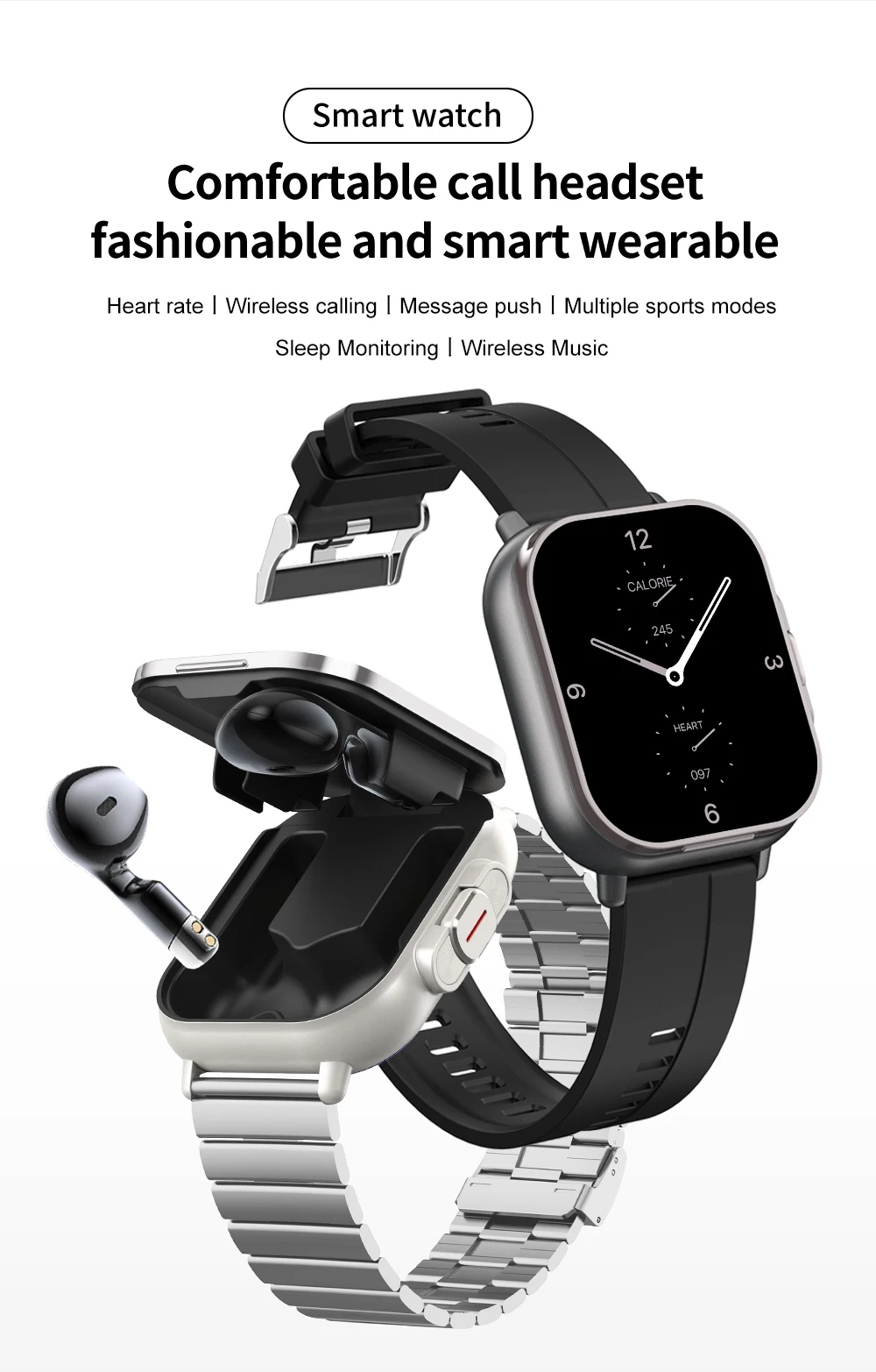 2 in 1 Smart Watch with Flip Top TWS Earbuds Wireless Bluetooth Smartwatch with Built In Earphones for Outdoor Sports Fitness