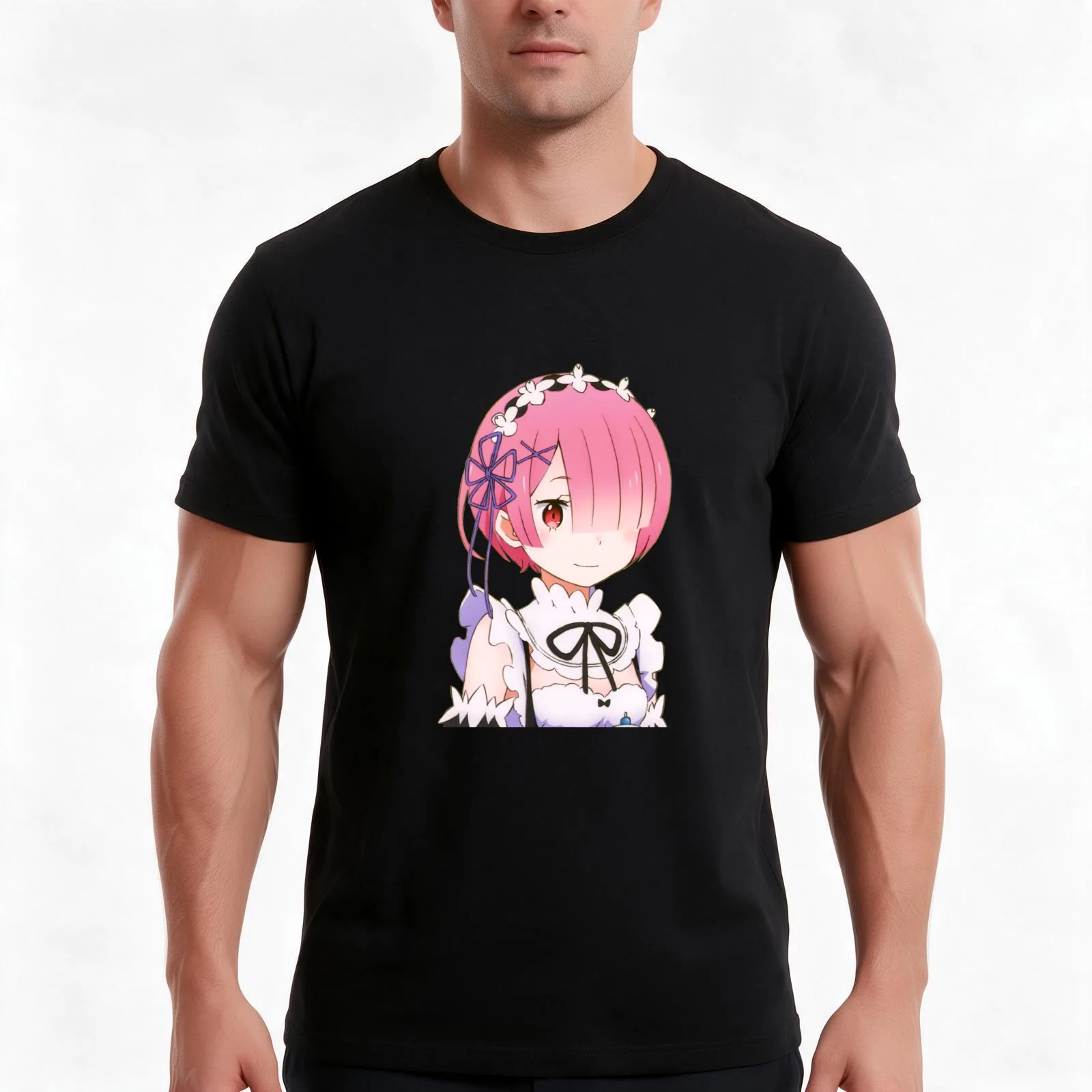 Re Zero Ram T-Shirt, Summer Casual Cotton Tee, Oversized Streetwear Tops, Vintage Graphic Print, Loose Fit Short Sleeve