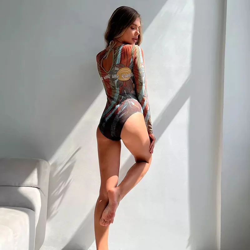 2025 New Fashion Print  Long Sleeve Sun-protective One Piece Swimwear for Women Summer Swimming Surfing Slimming Bikini Swimsuit