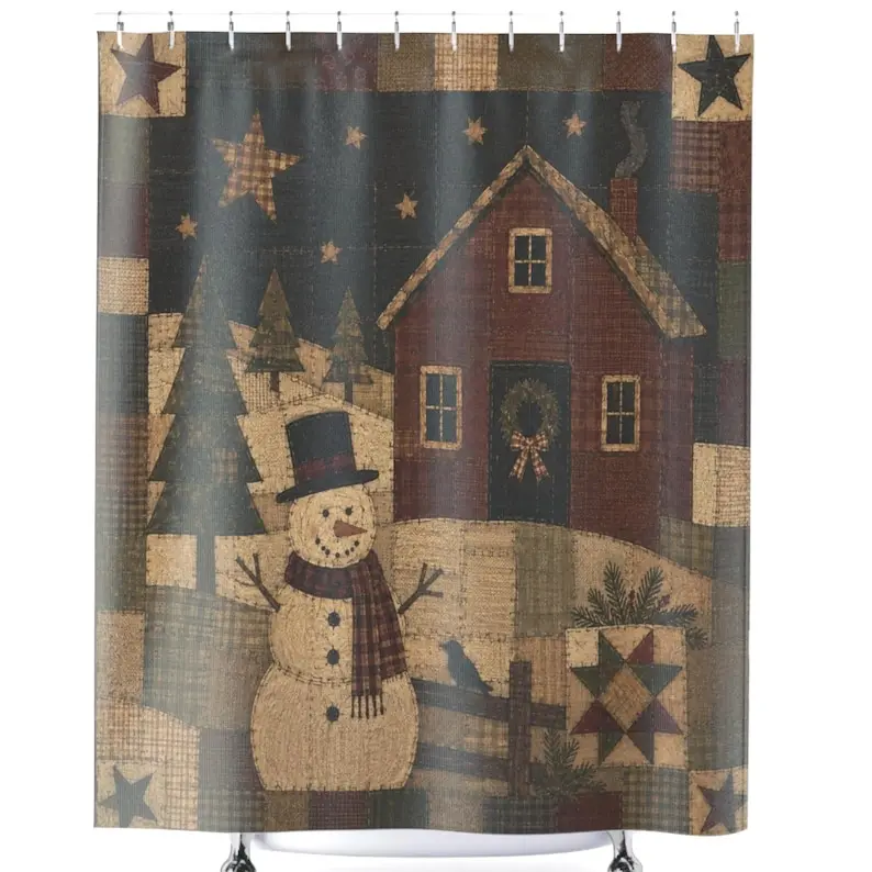Primitive Snowman Winter Cabin Shower Curtain |   Rustic Folk Art Stars