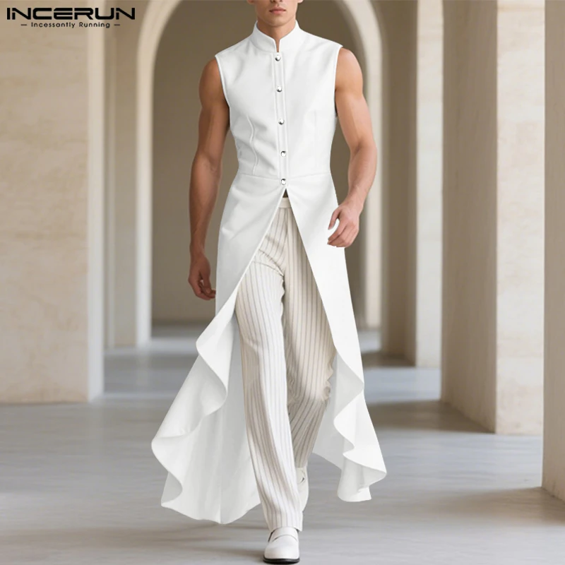 INCERUN Men Vests Long Style Waistcoats Stand Collar Sleeveless Solid Color Male Irregular Vests Streetwear 2025 Fashion Dress
