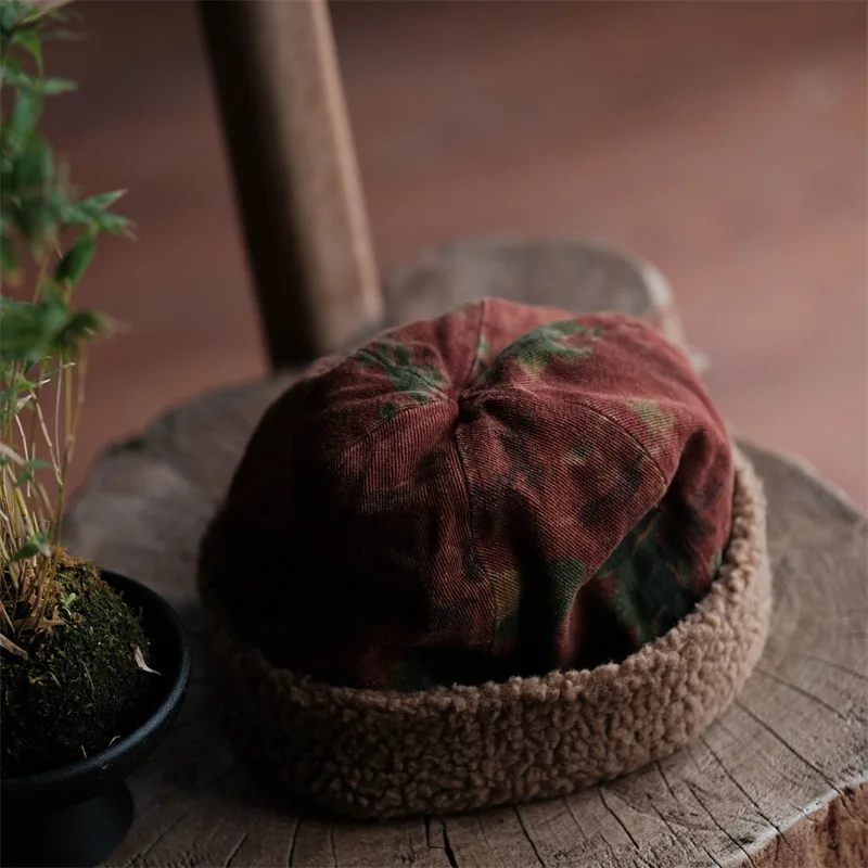 Unisex Pure Cotton Vintage Reversible Sheepskin-lined Cap Versatile Quilted Peasant Cap Outdoor Flat-brimmed Cap