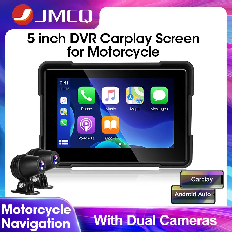 JMCQ Motorcycle Carplay Screen DVR Dashcam 5" Touchable IPX7 Waterproof IPS Monitor Wireless Carplay Android Auto 2 Cameras