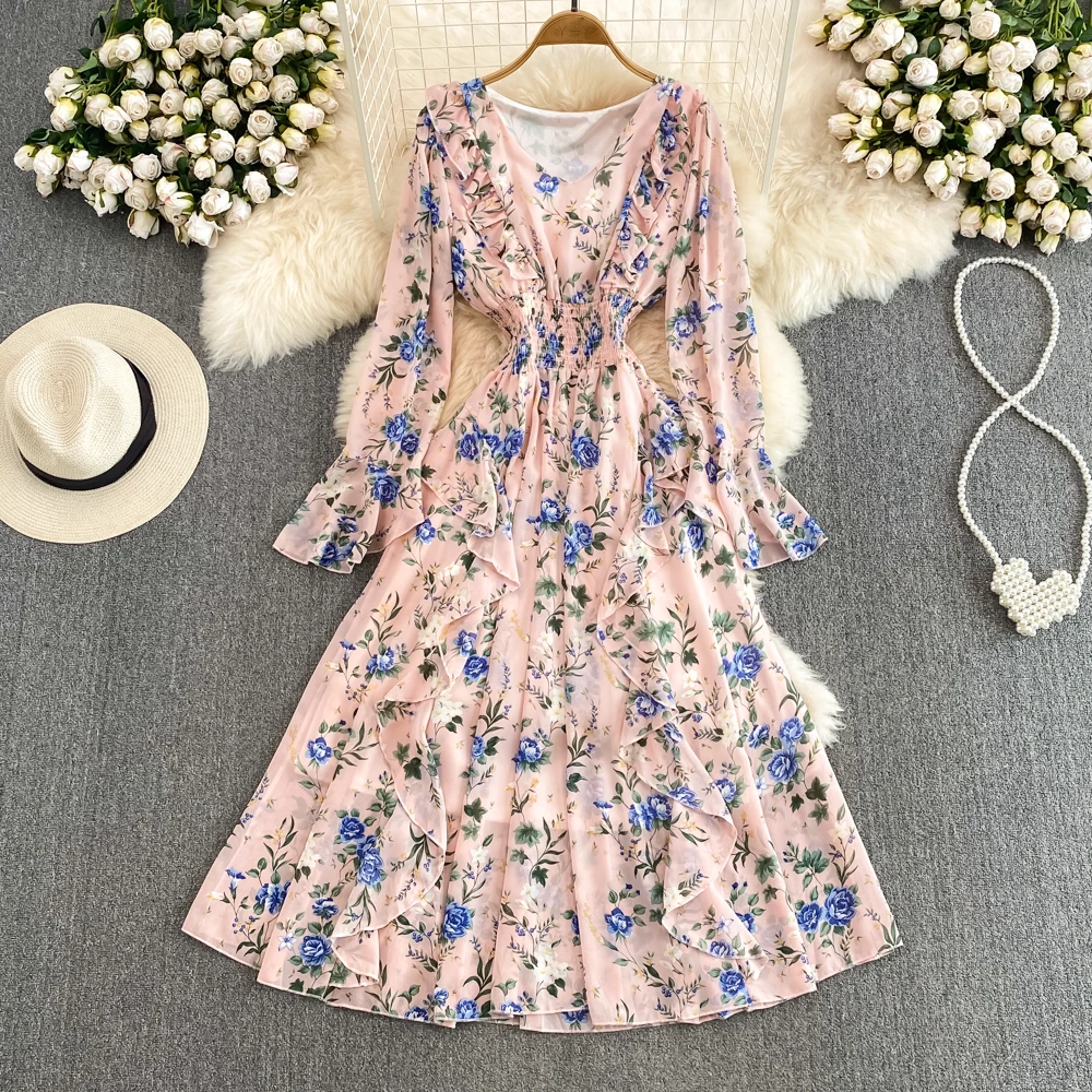 

Robe Boho Women Sexy Holiday Flower Club Vestidos All Match Vacation V Neck Flare Sleeve Beach Trendy Vintage Popular Dresses