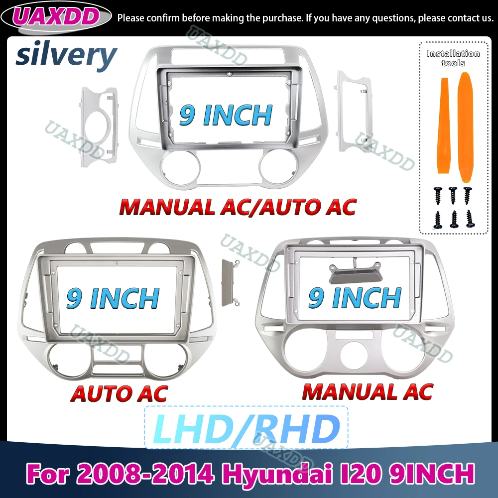 9 Inch Car Band Frame Cable for Hyundai I20 2008-2014 Android Large Screen Radio Board Mount Panel Kit MANUAL AUTO AC Silvery CD