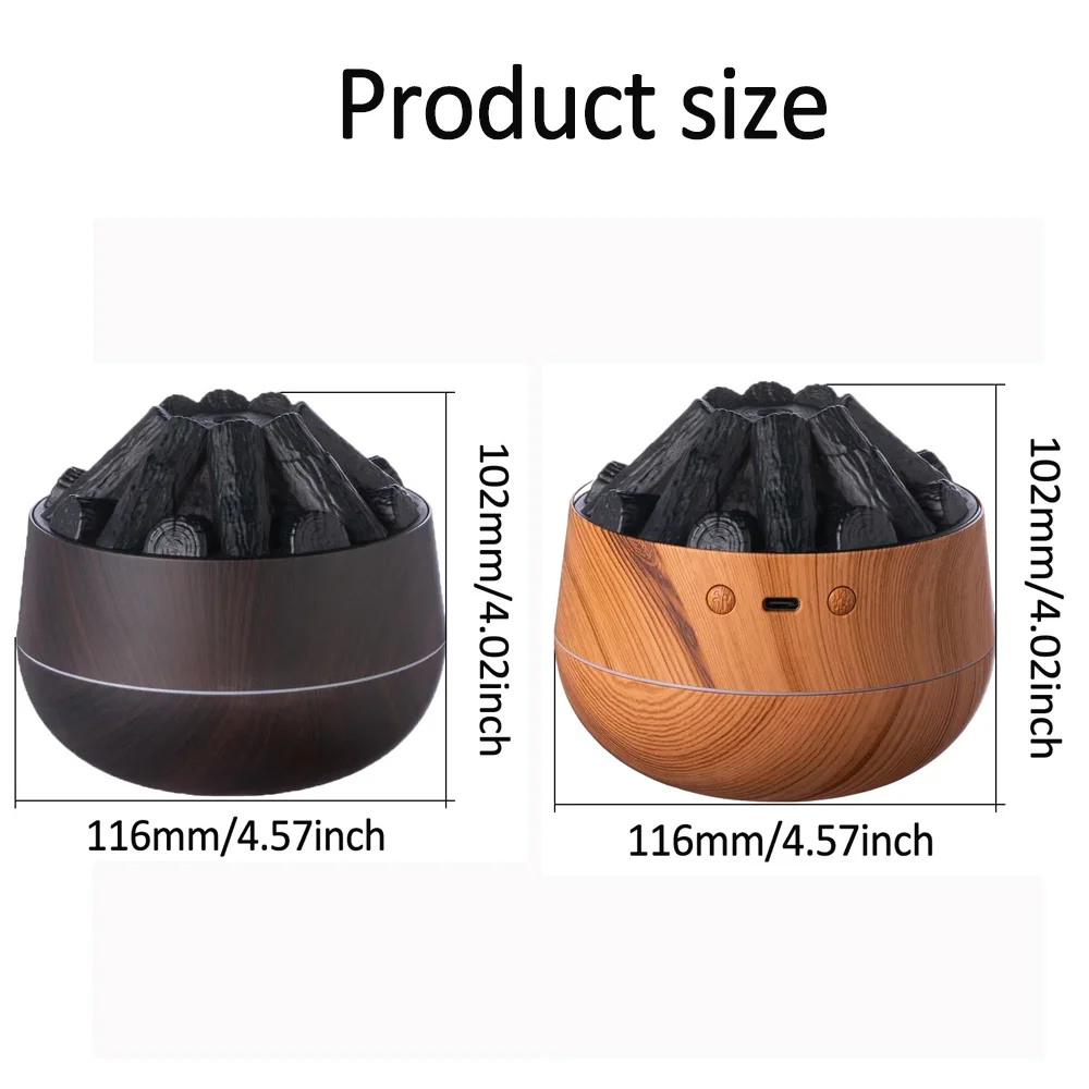 Simulated Charcoal Flame Humidifier Ultrasonic Silent Dual Mist Mode Essential Oil Aromatherapy Diffuser with Night Light