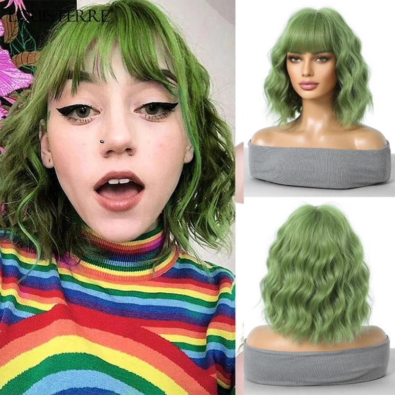 LOUIS FERRE Green Wigs for Women Short Wavy Bob Wig with Bangs for WomenShort Synthetic Wigs Heat Resistant Fiber Hair for Daily