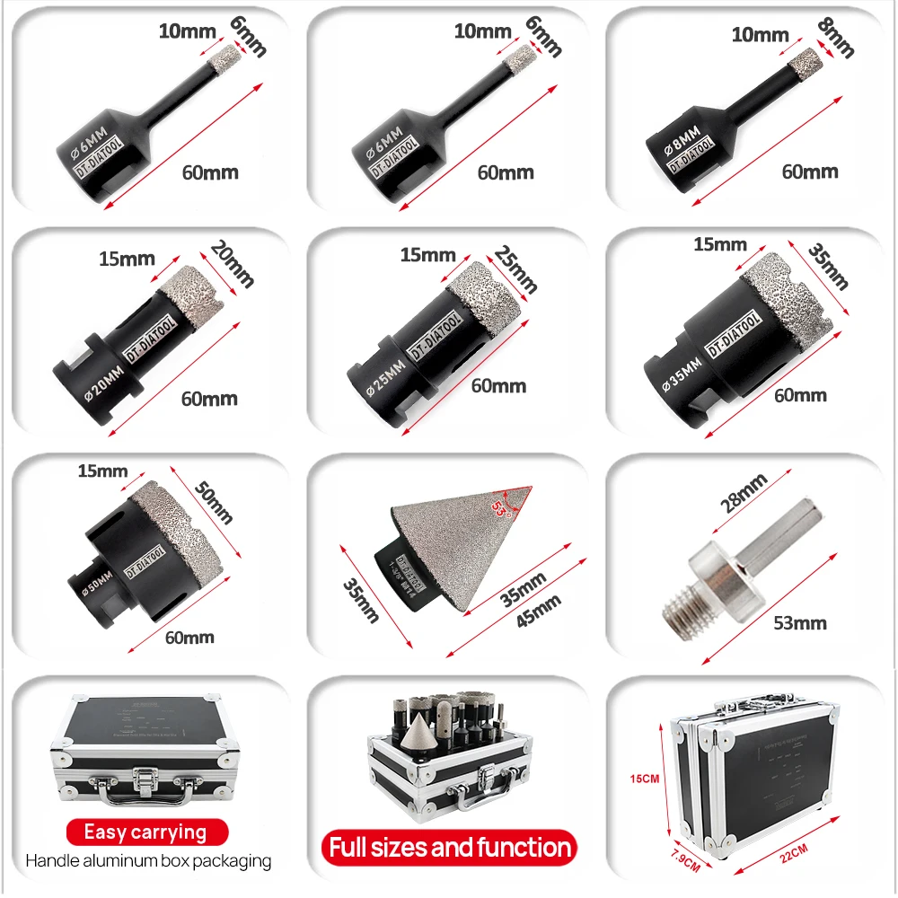 DT-DIATOOL 9 buah set mata bor inti berlian berkotak 9 buah benang M14 untuk mata bor Gergaji lubang Gerinda granit ubin porselen