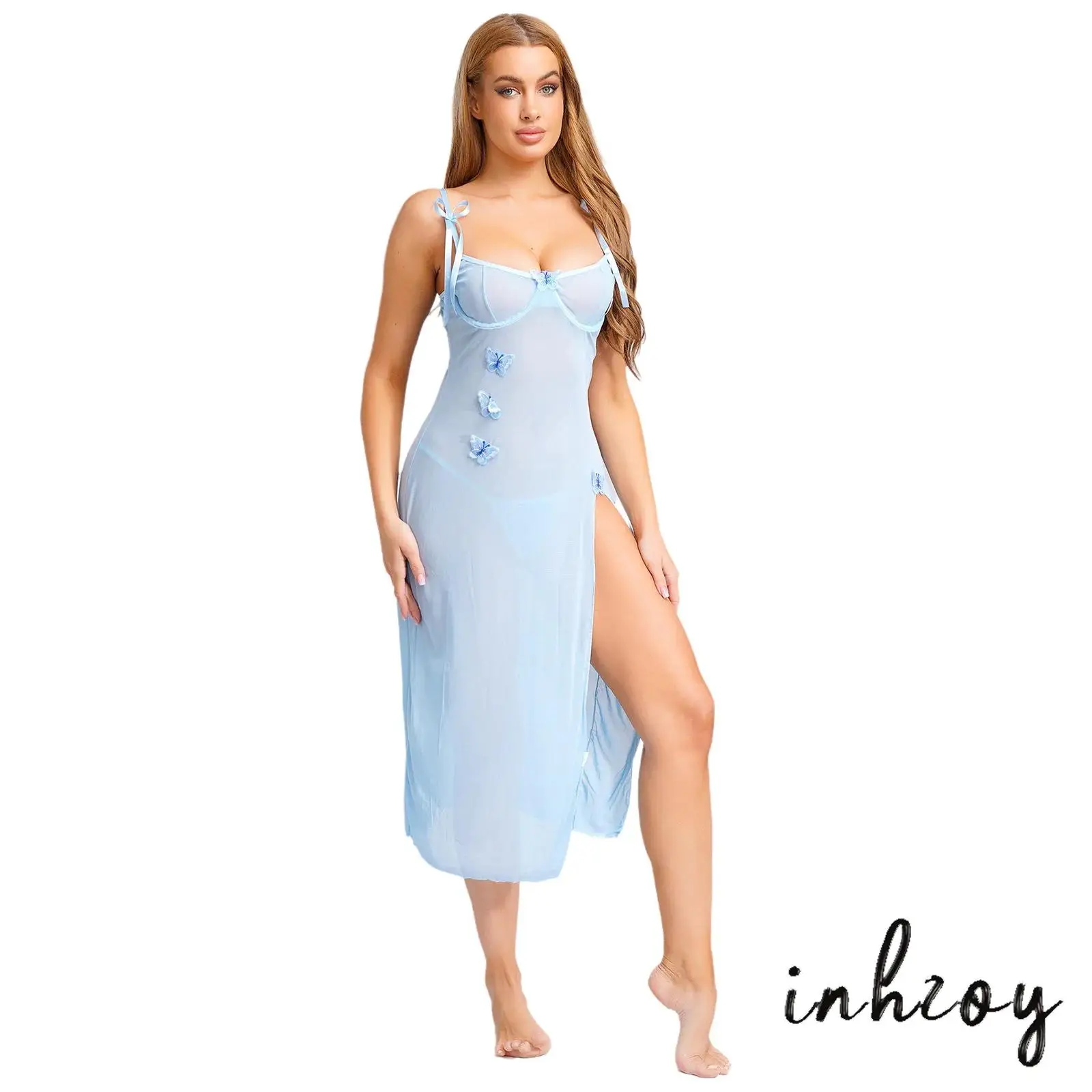 

Womens Transparent Outfits Backless Underwire Bra High Slit Bodycon Dress with Butterfly Embroidery+See Through Mesh Thong Suit