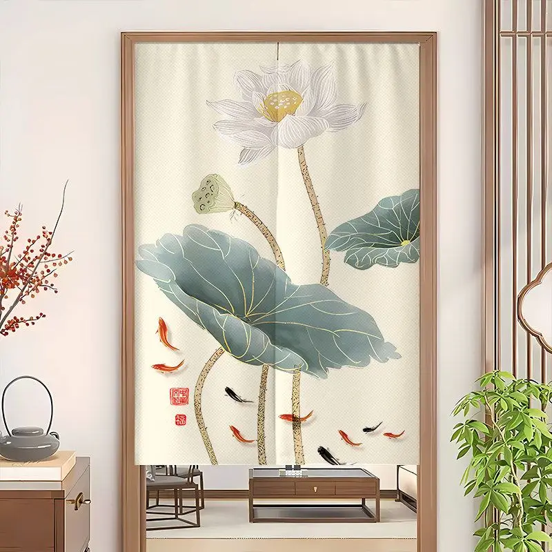 VIKAMA Chinese White Lotus Koi Fish Door Curtain Beige Background Blossom Blue Green Leaf Red Black Carp Seal Art Linen Noren