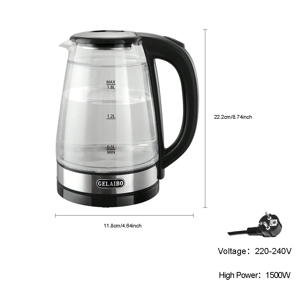 Kitchen Glass Electric Kettle,1.8L Double Layer Scald Resistant Hot Water Boiler, 1500W Fast Boiling with Auto-Shutoff and Boil-Dry Protection,LED