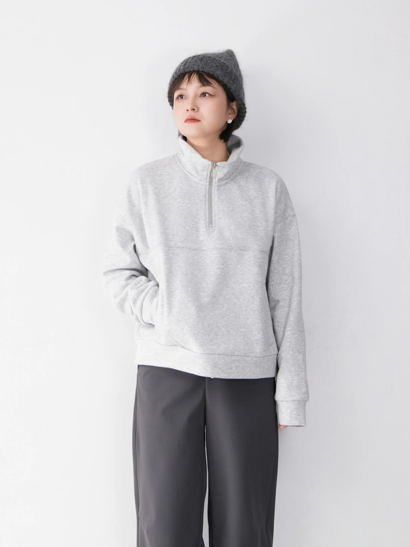 

Long Sve Fce Lined Cotton Hoodie Women's Loose Versatile Kangaroo ket Simple Zipper Closure Hoodie Commute Sle