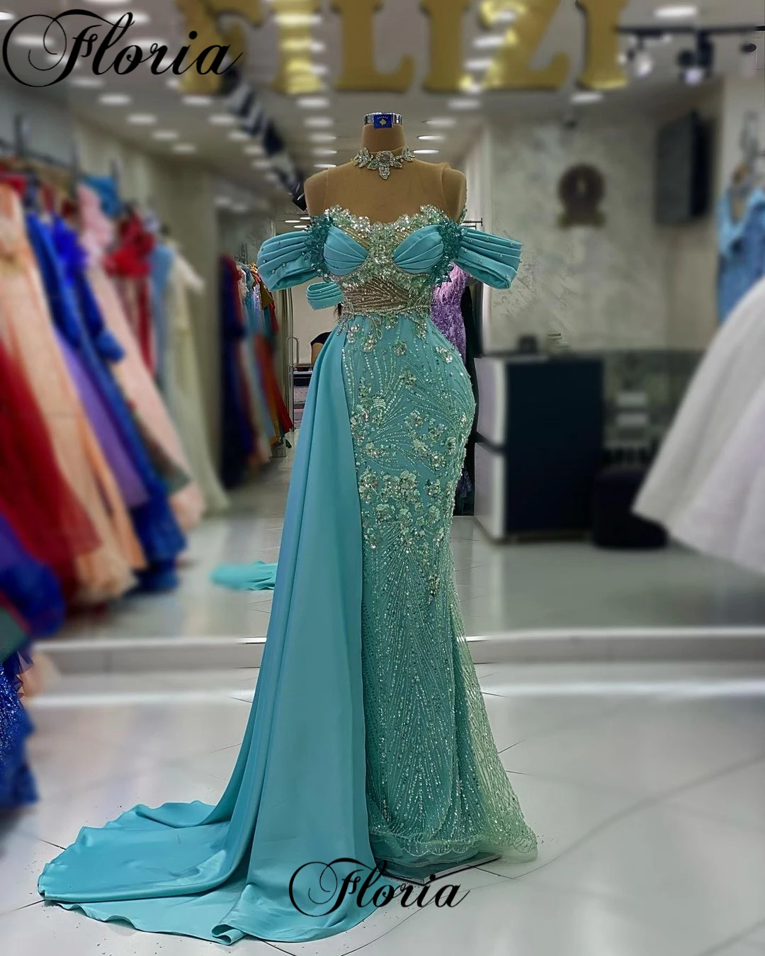 Sky Blue Beaded Celebrity Dresses Mermaid Off Shoulder Elegant Red Carpet Runway Dresses Vestidos Para Mujer Evening Gowns