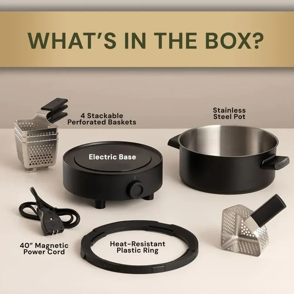 Adjustable Temperature | Broth and Meat Fondue Pot | 2-4 People, Includes 4 Perforated Baskets