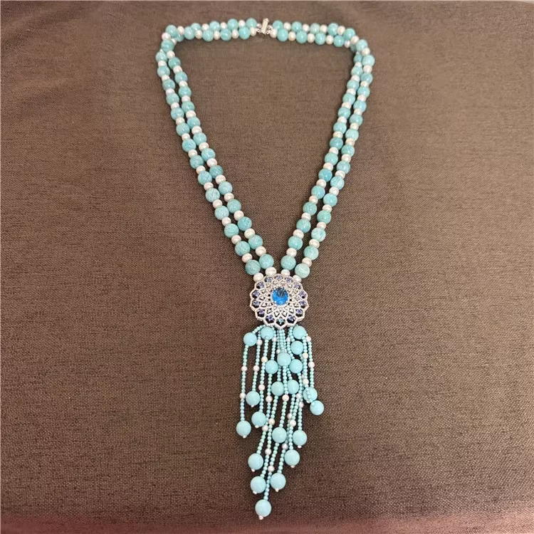 Natural Amazonite stone pearl necklace tassel double-layer sweater necklace