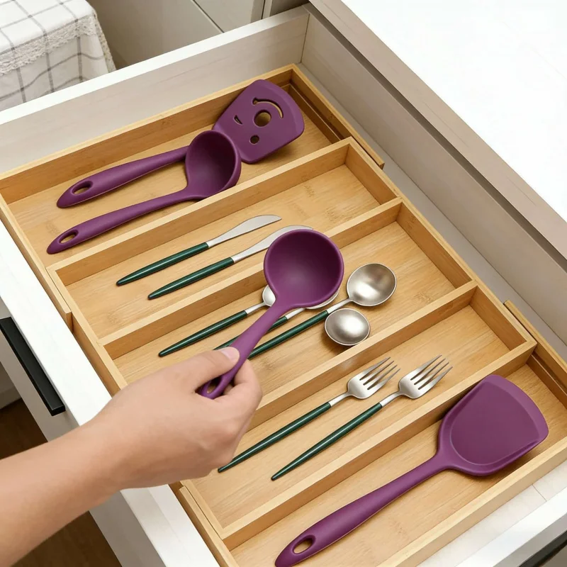 

Adjustable Bamboo Cutlery Divider Rack5-7Drawer Storage Box Kitchen Silverware Tray Storage Artifact