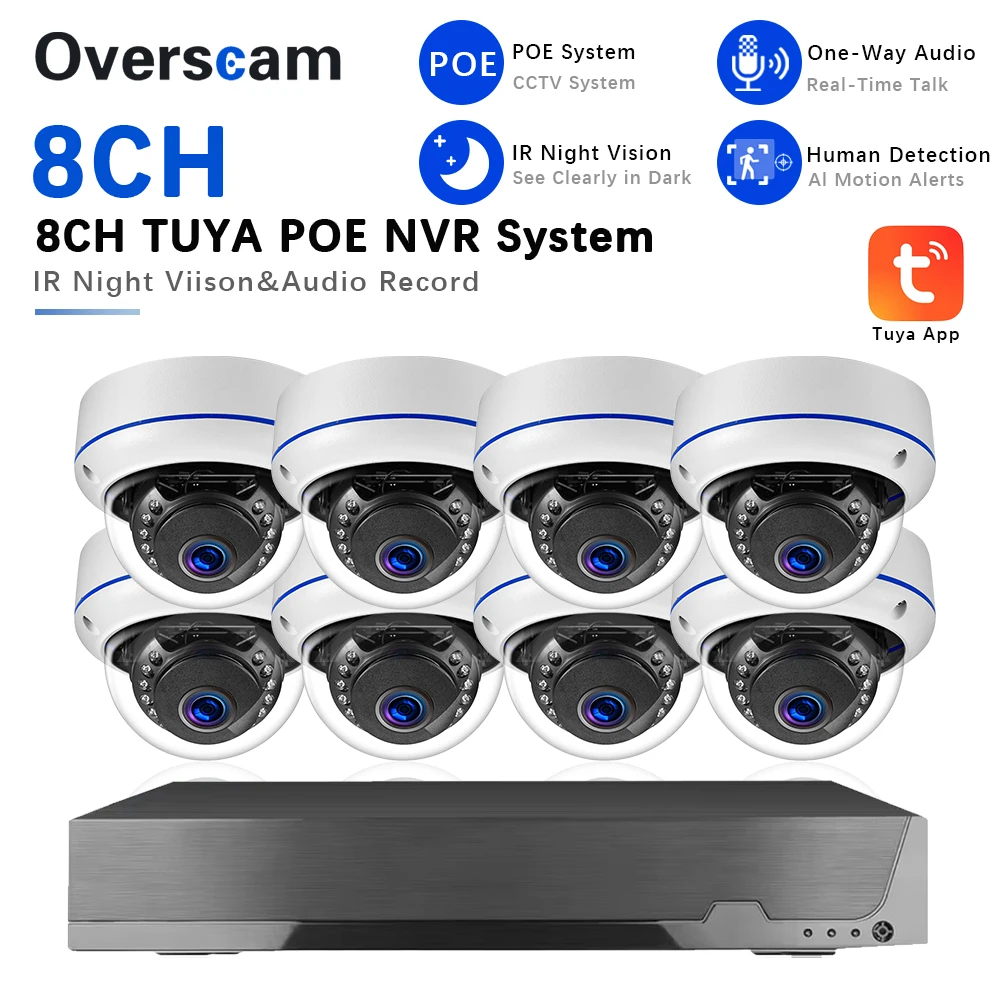 8MP 4K 8CH Smart Tuya POE Security Camera System Cameras NVR Kit Human Detection Audio Record IR Night Vision CCTV Surveillance