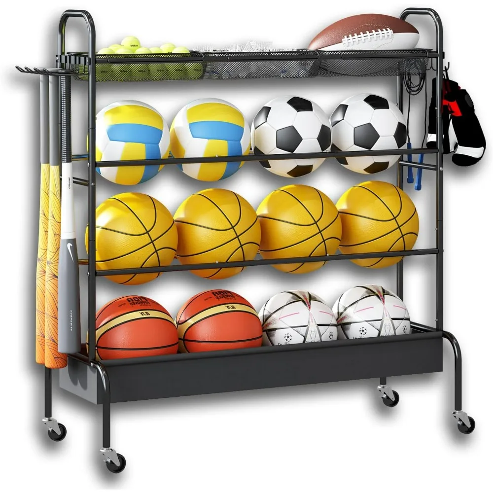 Basketball Rack, Rolling Basketball Shooting Training Stand, 4 Tier Ball Organizer Holder with 3 Nasket and Wheels，Black