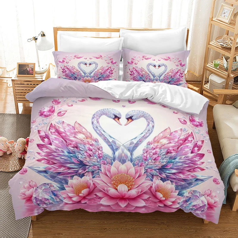 Valentine's Day White Swan - Digital Printed Duvet Set - Polyester - Bedroom Decor -1 Bed cover +2 Pillowcase (no pillow core)