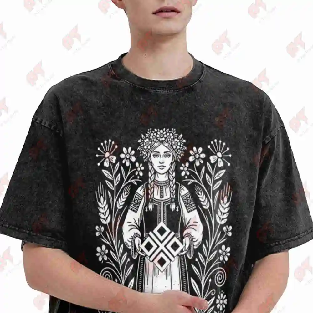 Mokosh Slavic Goddess Folk Pagan Earth Mother Symbol Mythology Vintage Washed Tee Pure Cotton T-Shirt