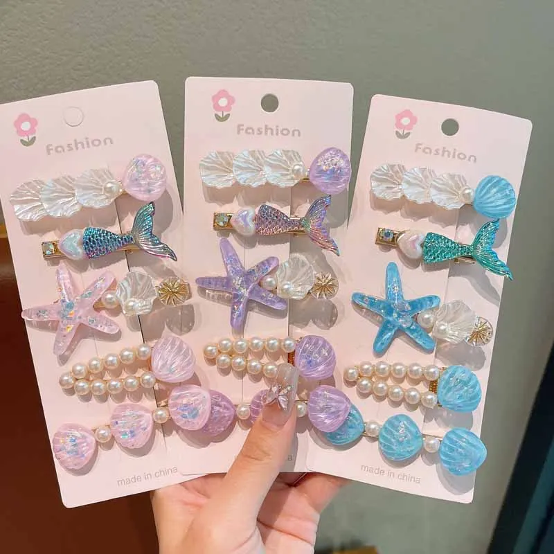 5/10 Pcs Girls Fashion Cartoon Mermaid Tail Hair Pin Hairpin Cute Starfish Shell Kids Bangs Hair Accessories Baby Holiday Gifts