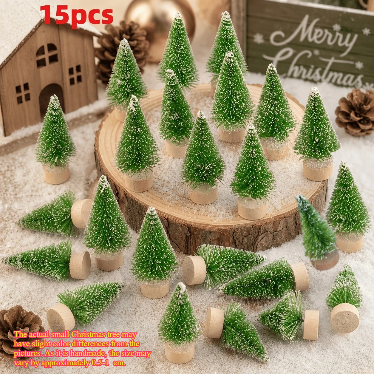 15pcs Mini Artificial Sisal Snow Bottle Brush Trees with Wooden Base, Christmas Tabletop Ornaments, Household Holiday Party