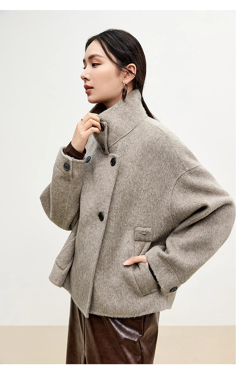 SENTUBILA 100% Wool Coats for Women 2024 Winter Stand Neck Double Sided Temperament Cropped Outerwears Hight Quality W44O56626