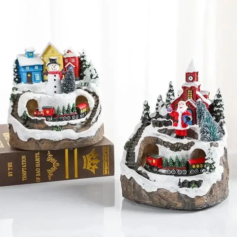 Creative Unique Christmas Village Houses Sets Rotating Train Display Figurines-LED Light Up Musical,Battery Operated Holiday Dec