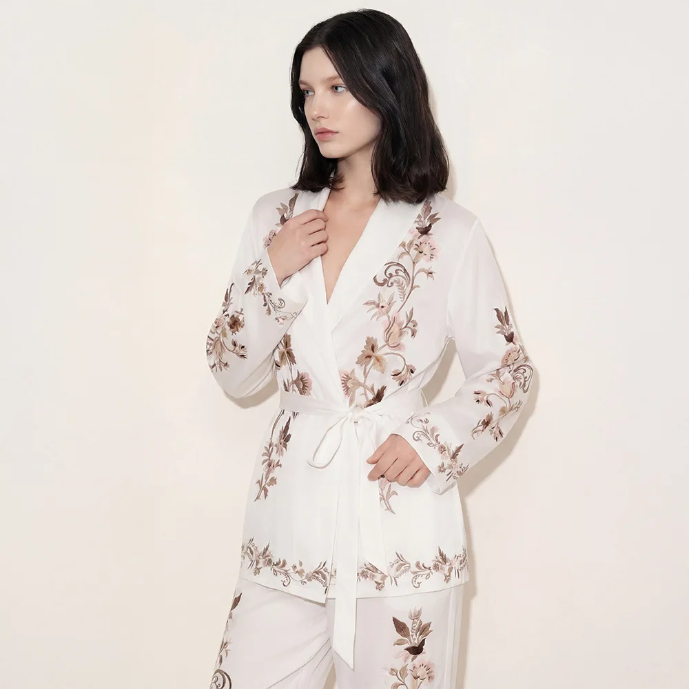 

2PCS Pajamas Suit Long Sleeved Cardigan Trouser Print Satin Sleepwear Sexy Kimono Bathrobe Pants Casual Nightwear Homewear