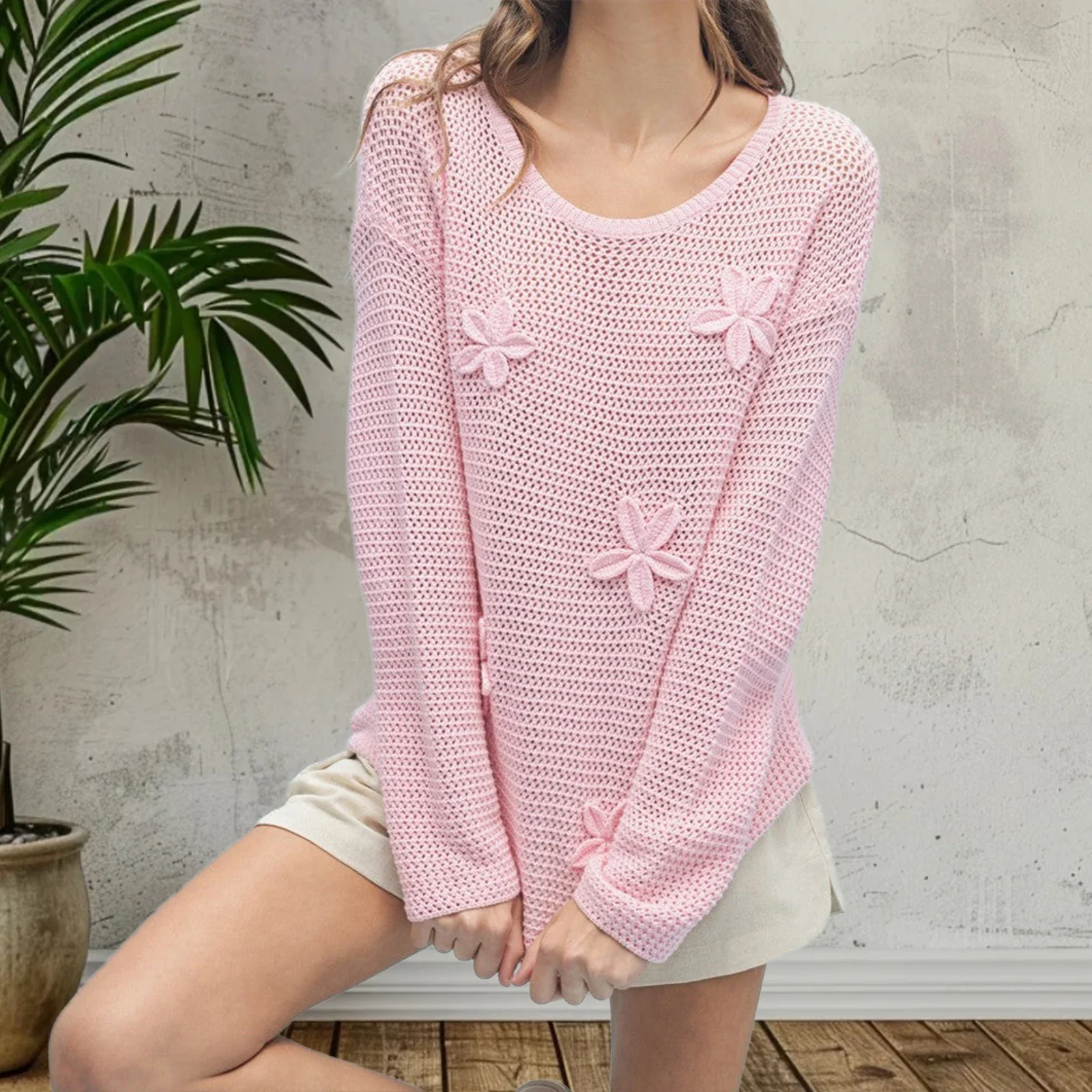 

Women Flower Crochet Sweaters Loose Crew Neck Clothes Fashion Ladies Long Sleeve Pullover Tops Fashion Streetwear Outfits