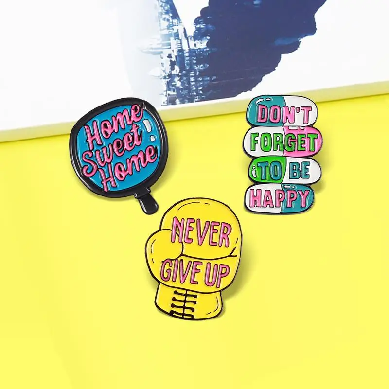 

Pill Capsule Enamel Pin Health Power'NEVER GIVE UP,don't forget to be happy'Brooch Badge Jewelry for Kids Fashion Fist Boxing