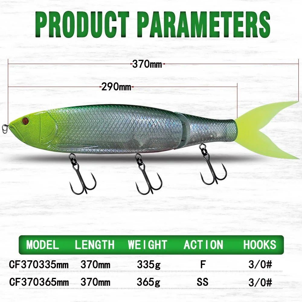 Isca dura gigante seção isca, isca de natação, articulada, flutuante, afundando, 19 cores, apto para Big Bass, Pike, 370mm