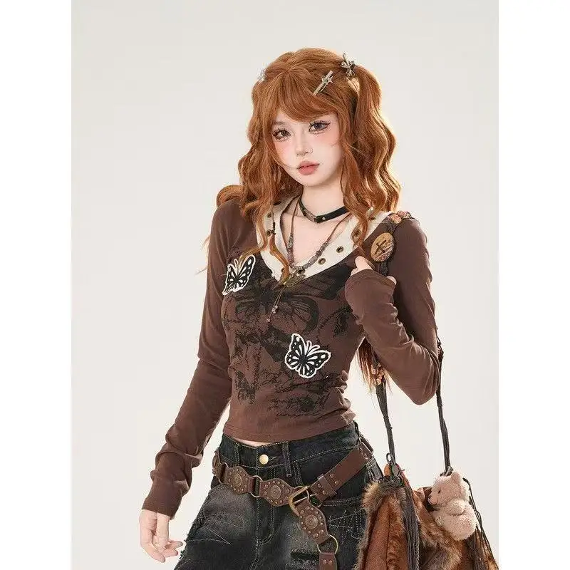 

Coffee-Colored Butterfly Long-Sleeved Women American Autumn High Street V-Neck T-Shirt Retro Spice Girl Waist Hip-Hop Trend Tops