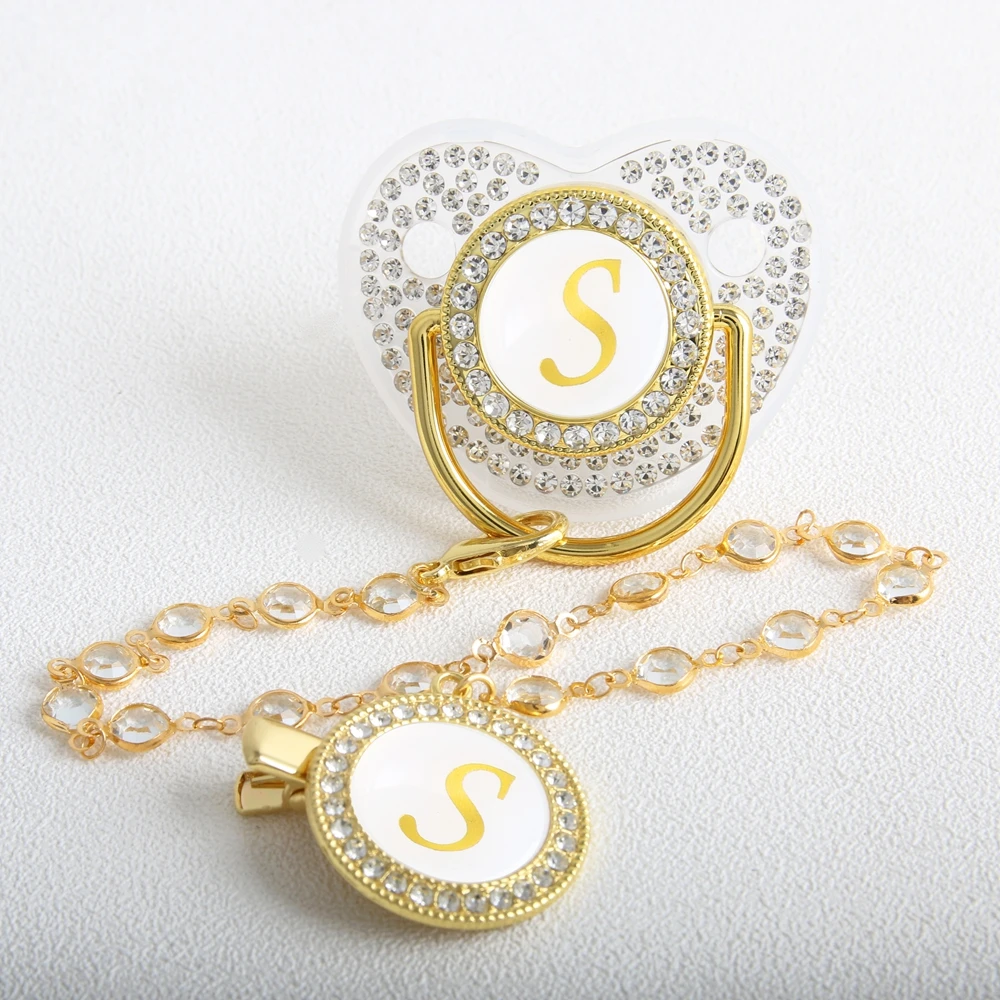 Transparent 26 Initial Letter Luxury Baby Pacifier with Chain Clip Newborn Bling Dummy Soother Chupeta