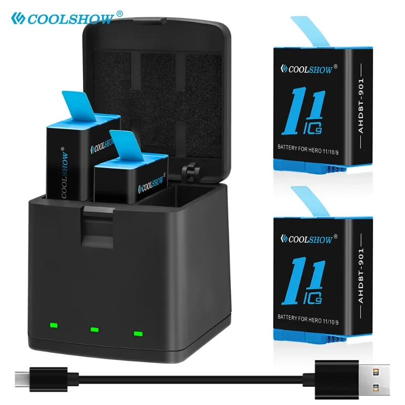 COOLSHOW Аккумулятор  для Gopro Hero 11, 10, 9, черный, 1800 мАч, для камеры go pro hero 11, hero 10, hero 9, аккумуляторы, зарядное устройство, аксессуары