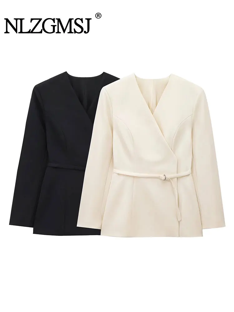 TRAF 2025 Spring Chic Women Blazer Solid Belted Wrap V-Neck Long Sleeve Blazer New Fashion Office Lady Blazers