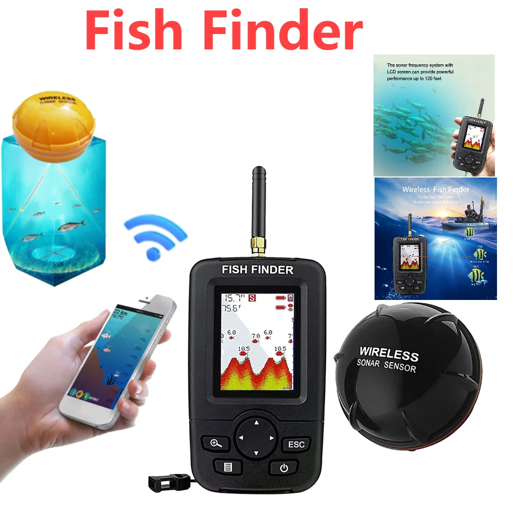 Wireless Portable Fish Finder 100M/125KHZ Sonar Depth Sounder Alarm Ocean River Lake Echo Sounder Rechargeable Wireless Sensor