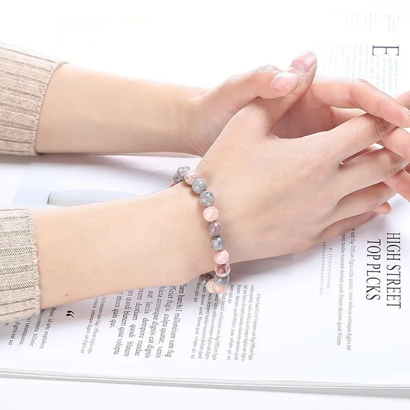 JD Natural Pink Zebra Jaspers Stone Beads Bracelet Handmade Yoga Healing Wristband Jewelry for Women Men Friendship Gifts