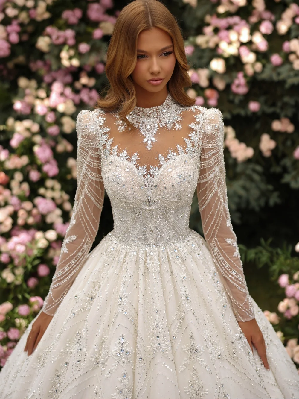 Opulent Sparkling Embroidery Crystal Wedding Dress Modest High Collar Bridal Gown Customized Elegant Long Dresses For Bride