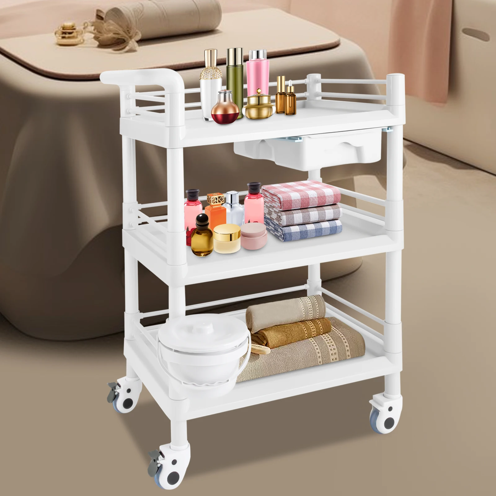 3 Tiers Beauty Salon Cart with Wheels, Beauty Instrument Cart, Rolling Tool Cart White