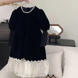 Baby Girl Princess Elegant Velvet Pearl Dress Long Sleeve Child Lace Patchwork Vintage Vestido Party Birthday Baby Clothes 1-10Y